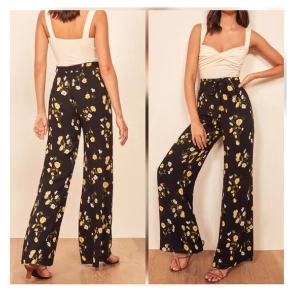 REFORMATION Piazza Black Floral Print Belted Wide Leg Palazzo Culotte Pant